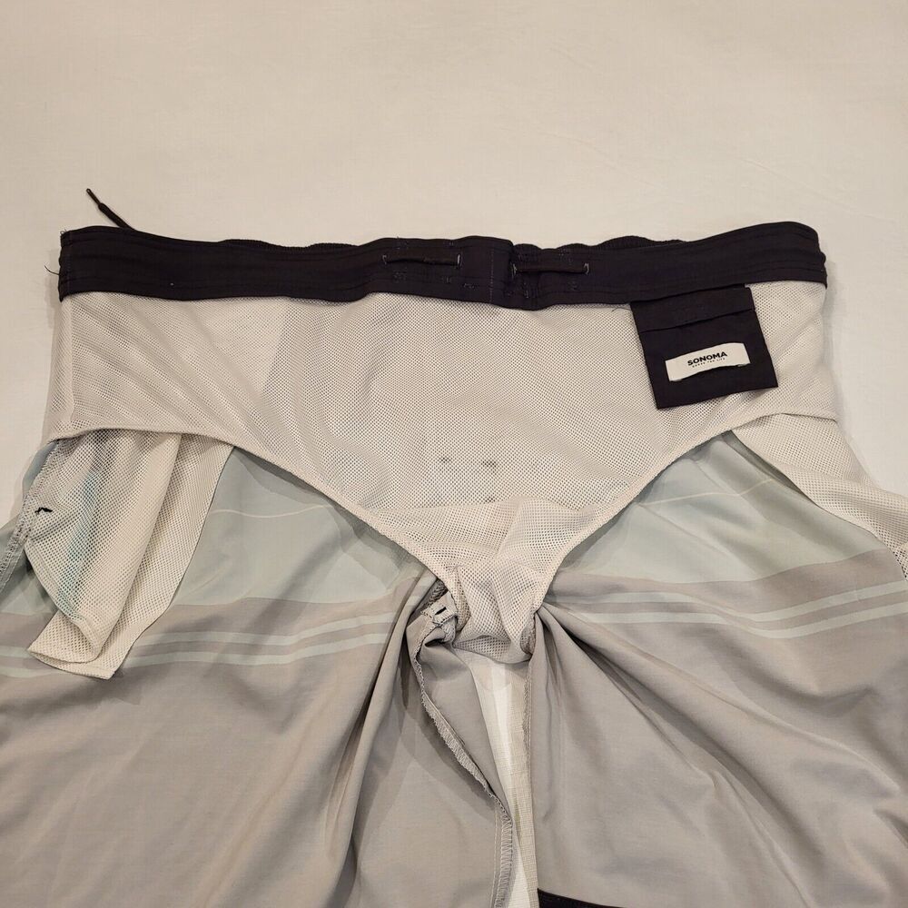 Sonoma Men's Size 2XB Swim Trunks Black Teal White Stripes Faux Fly Drawstring - Picture 11 of 16